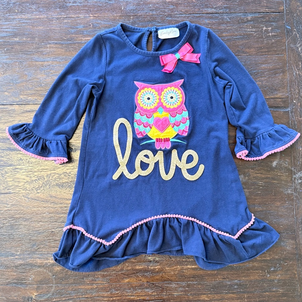 Emily Rose Girls Tunic Navy with Owl detail, 1/2 sleeves and Pom Poms Size 8